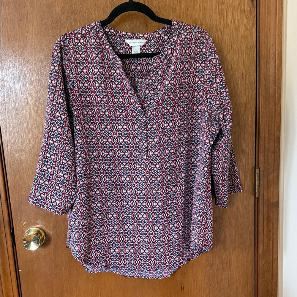 Christopher & Banks Red Patterned V-Neck Blouse